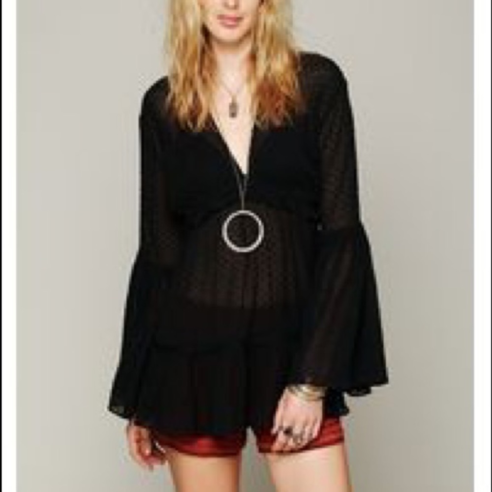 Free People Swiss Dot V Neck Blouse Bell Sleeves